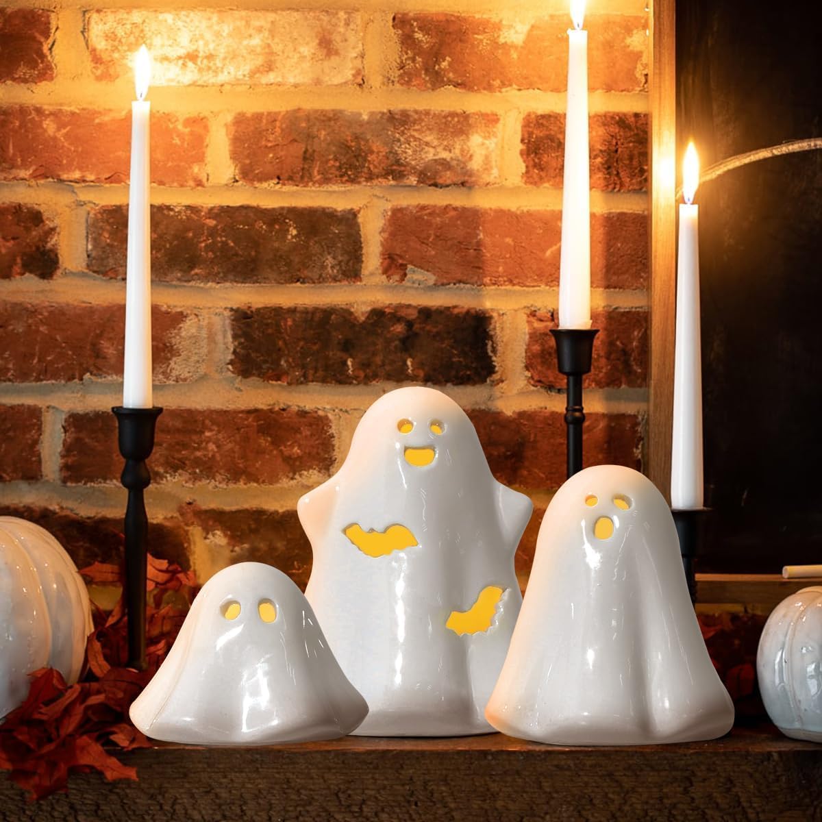 Halloween Decorations Big Ceramic Ghost Figurines: 3ct Spooky Light Up Ghost Decor with LED Lights, Cute Pastel Farmhouse Table Tiered Tray Fireplace Halloween Decor for Kids Home Office Party