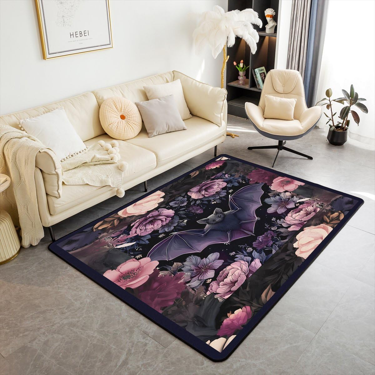 Black Floral Bat 5x7 Area Rug Halloween Bats Living Room Rug | Boho Flowers Rugs for Bedroom, Romantic Plant Gothic Carpet Indoor Floor Mat