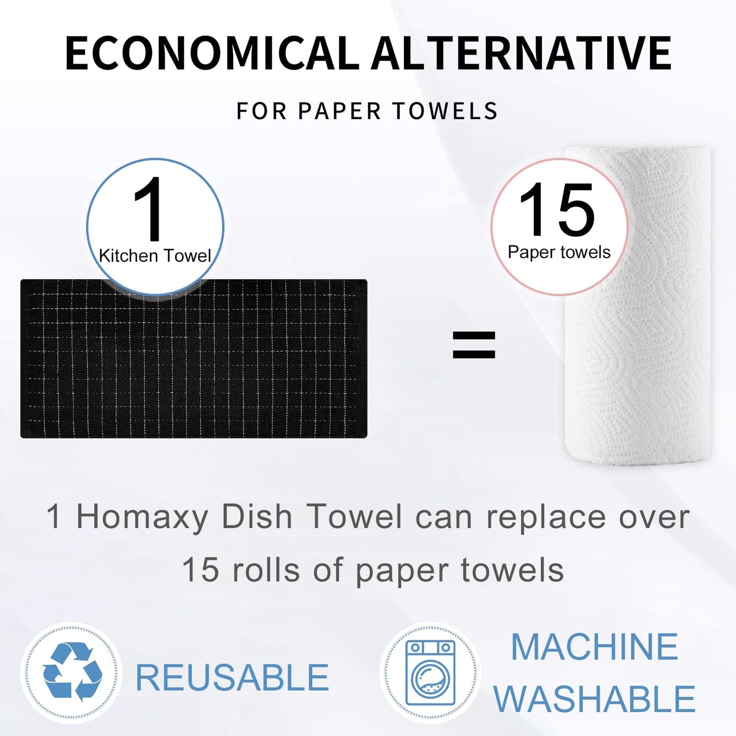 Homaxy 100% Cotton Terry Kitchen Towels(Black, 13 x 28 inches), Checkered Designed, Soft and Super Absorbent Dish Towels, 5 Pack
