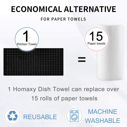 Homaxy 100% Cotton Terry Kitchen Towels(Black, 13 x 28 inches), Checkered Designed, Soft and Super Absorbent Dish Towels, 5 Pack