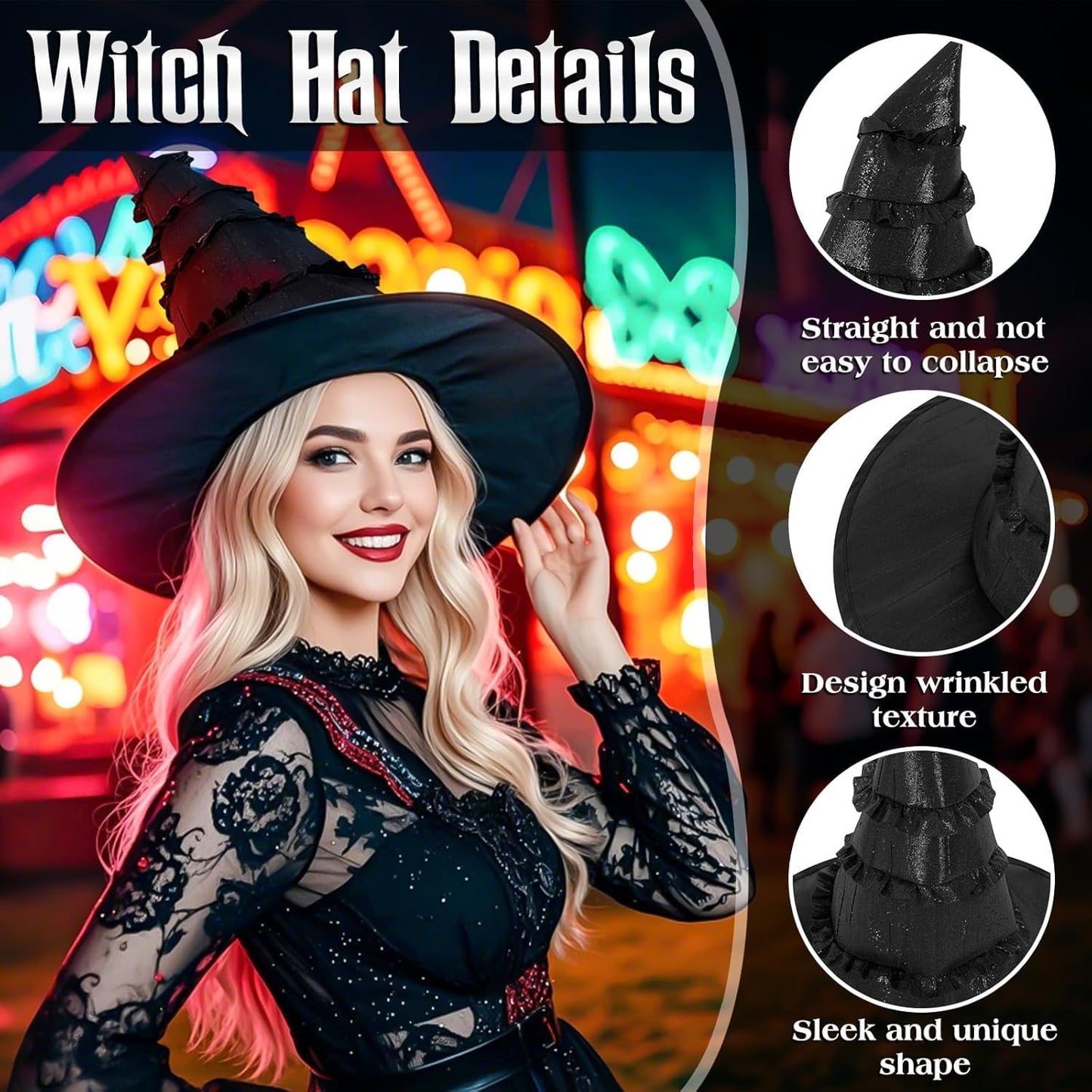 TOPORTY Halloween Witch Hat Black Witches Wizard Hats Elphaba Hat for Halloween Costume Dress up Party Supplies