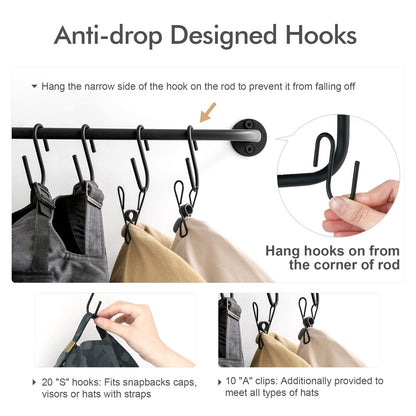 Mkono Hat Rack for Wall Baseball Cap Organizer Hanger with 20 Hooks Modern Metal Hat Holder Wall-Mounted Caps Display for Closet Door Bedroom Entryroom Laundry, Set of 2 Black