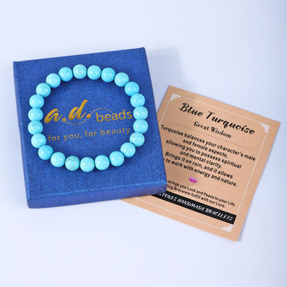 AD Beads 8mm Handmade Blue Turquoise Elastic Bracelet – Natural Gemstone for Great Wisdom – Meditation, Yoga, Healing and Energy Gift for Men Women