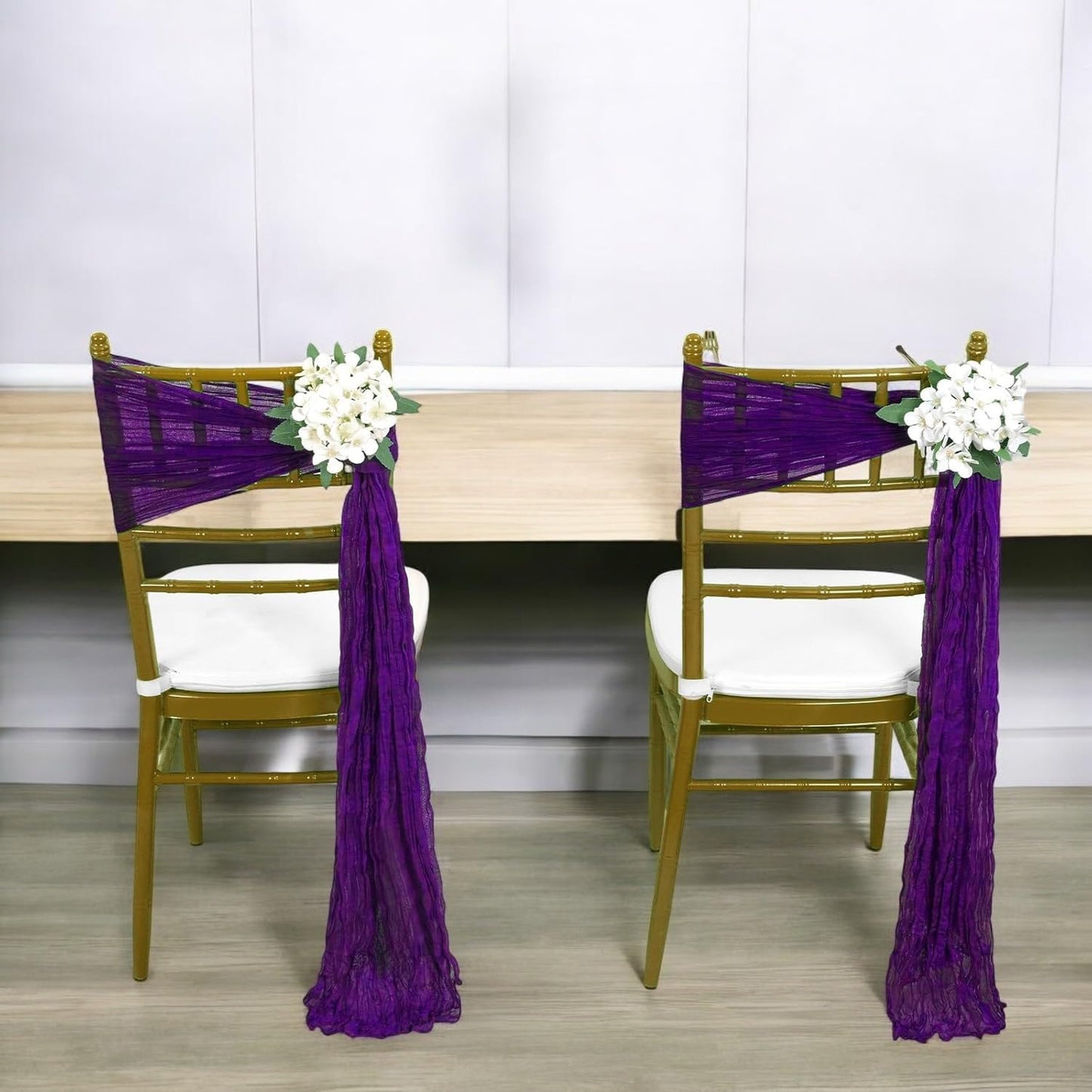 MDS® Pack of 10 PCS Cheesecloth Chair Sashes 17”x70” Gauze Rustic Aisle Decorations Designed Chair Bows for Wedding Birthday Baby Shower Reception Party Banquet Hotel Event Decoration - Purple