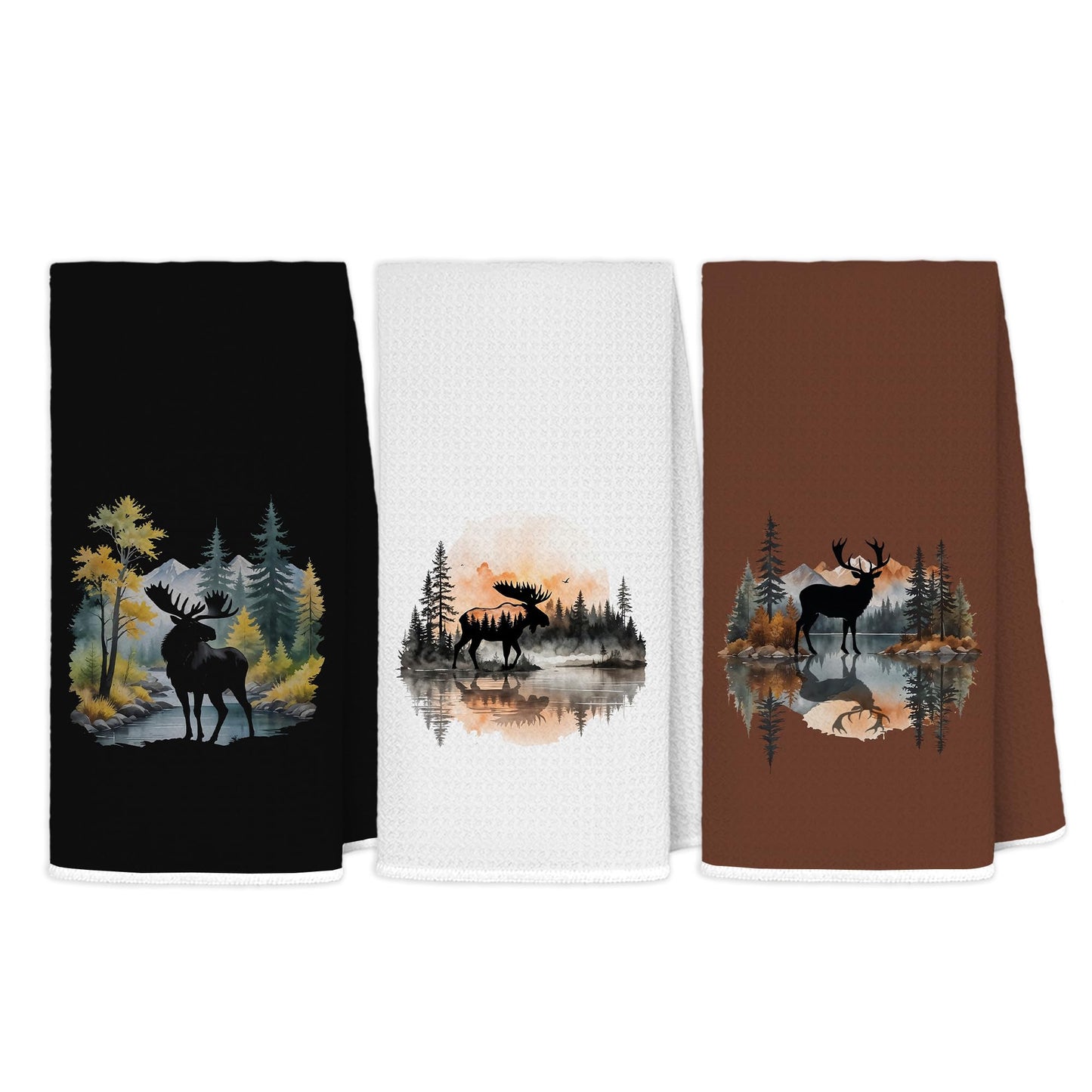 MKIJUHB Forest Mountain Moose Deer Kitchen Dish Towels, Gifts for Wildlife Deer Moose Lovers, Rustic Farmhouse Cabin Nature Wildflife Animal Decorative Hand Towels for Bathroom, 16x24 Inch Set of 3