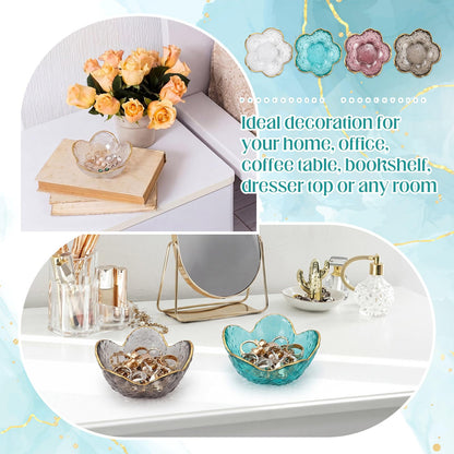 LOYIM 4 Pack Glass Jewelry Dish Small Flower Ring Holder Trinket Tray for Earrings Key Vanity Decor for Women Wedding Gift