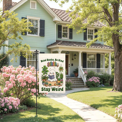 JQYCJTR Read Books Be Kind Stay Weird Garden Flag Double Sided Yard Outdoor Decoration 12x18 Inch, Reading Cute Ghost Outdoor Yard Garden Flag, Plant Lover Home Decor Banner, Gifts for Book Lovers