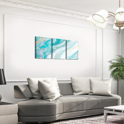 3 Piece Blue Marble Canvas Wall Art for Living Room Bedroom, Pastel Golden Blue Golden Paintings Wall Decor Modern Abstract Wall Art Luxury Decor Poster Prints Ombre Artwork Prints