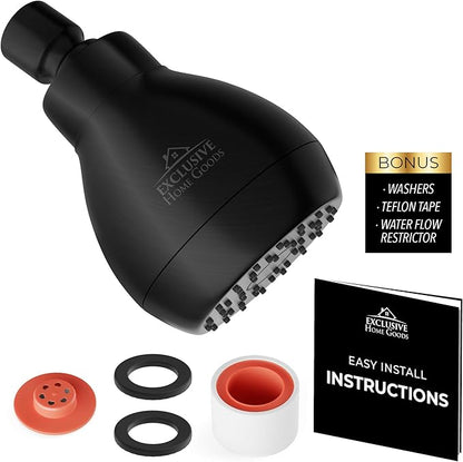 High Pressure Shower Head Matte Black - Powerful Deluxe Bathroom Showerhead with Strong Spray Stream and Small Silicone Nozzles - Universal Fit Works with High and Low Water Flow Showers-2.5 GPM