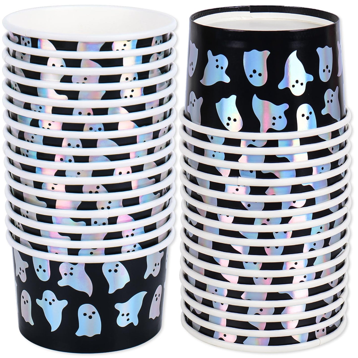 JarThenaAMCS 50Pcs Halloween Snack Cups Iridescent Ghost Candy Paper Treat Cups 8oz Cute Spooky Boo Disposable Dessert Soup Bowl for Hot or Cold Foods Halloween Fall Party Supplies