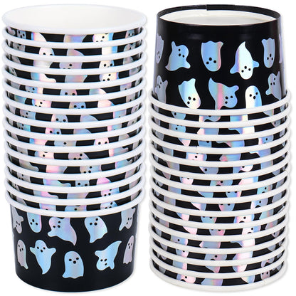 JarThenaAMCS 50Pcs Halloween Snack Cups Iridescent Ghost Candy Paper Treat Cups 8oz Cute Spooky Boo Disposable Dessert Soup Bowl for Hot or Cold Foods Halloween Fall Party Supplies