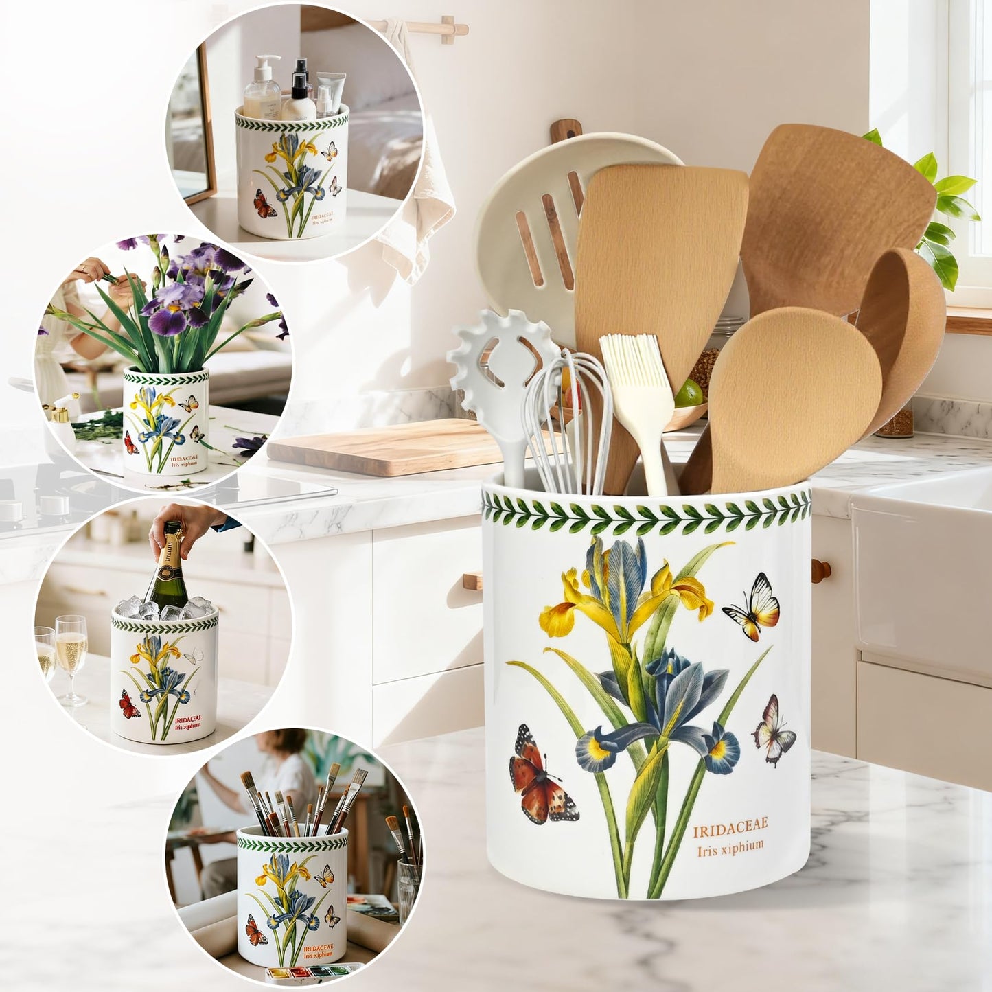 ACMLIFE Extra Large Cooking Utensil Holder, 7.3" Kitchen Utensil Holder for Countertop, Utensil Crock for Farmhouse Kitchen Decor, Ceramic Stable Utensil Caddy, Floral (Iris)