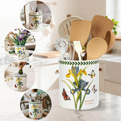 ACMLIFE Extra Large Cooking Utensil Holder, 7.3" Kitchen Utensil Holder for Countertop, Utensil Crock for Farmhouse Kitchen Decor, Ceramic Stable Utensil Caddy, Floral (Iris)