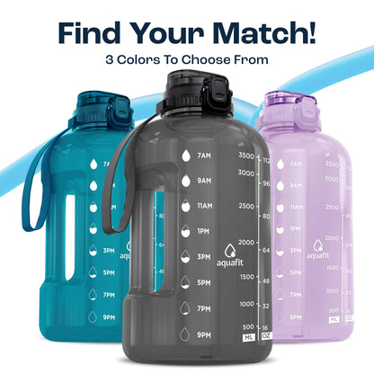 AQUAFIT 1 Gallon Water Jug with Time Marker - BPA Free 128 oz Gym Water Bottle with Straw, Handle, Gray