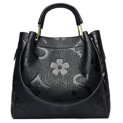 Travistar Floral Handbags and Purses Women - Retro Embossed Leather Top Handle Handbag Large Women's Shoulder Bag 3-in-1 Trendy Hobo Purse Ladies Bucket Satchel Bags Black Work Tote
