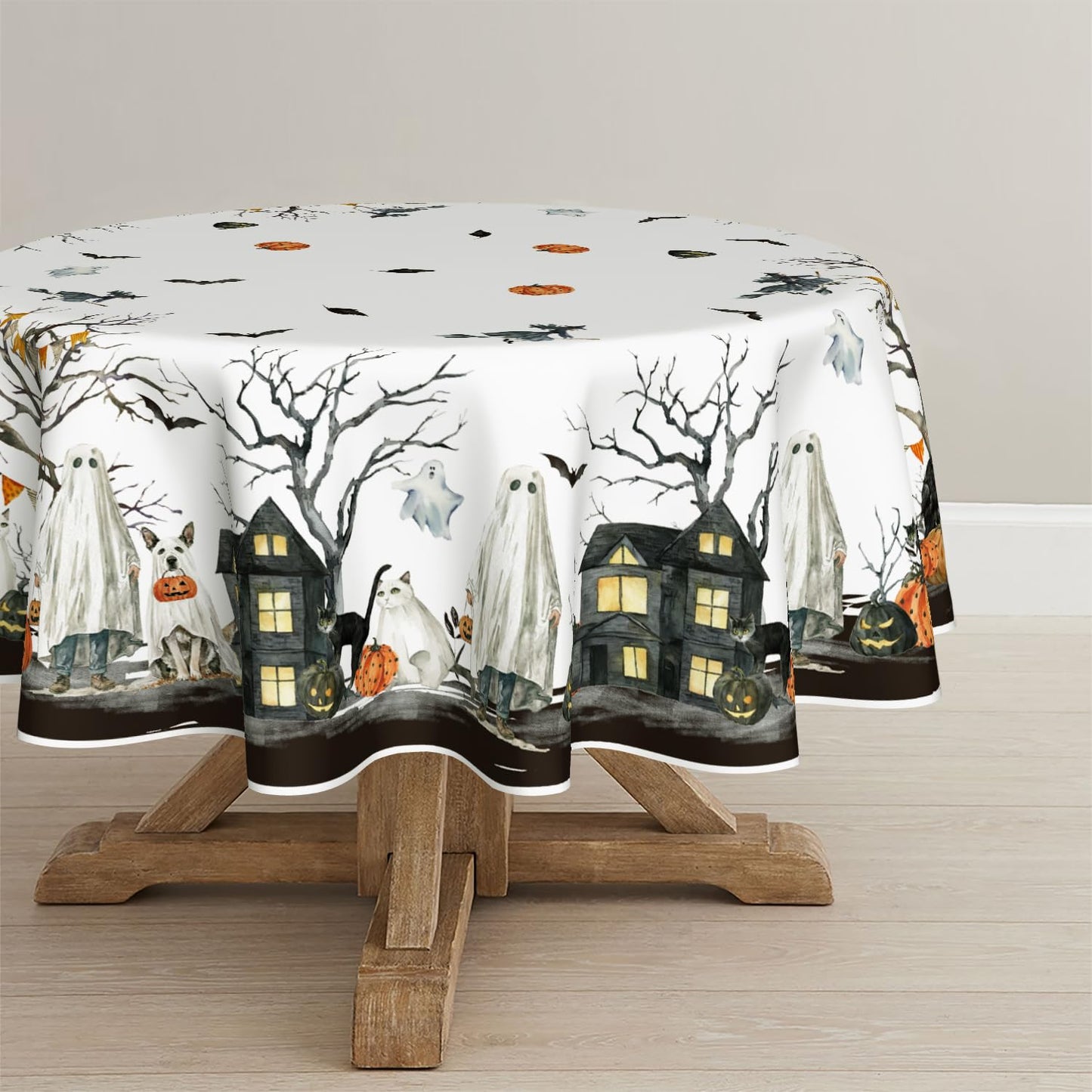 Horaldaily Halloween Tablecloth 70×70 Inch Round, Jack-O-Lantern Pumpkin Cobweb Ghost Dog Bats Washable Table Cover for Party Picnic Dinner Decor