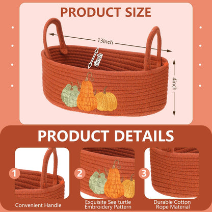 Vesici Pumpkin Toilet Paper Basket Boho Woven Cotton Rope Bathroom Countertop Organizer with Handle Orange Halloween Pumpkin Bathroom Storage Decor for Fall Halloween Bedroom Nursery, 13 x 6 x 4 Inch