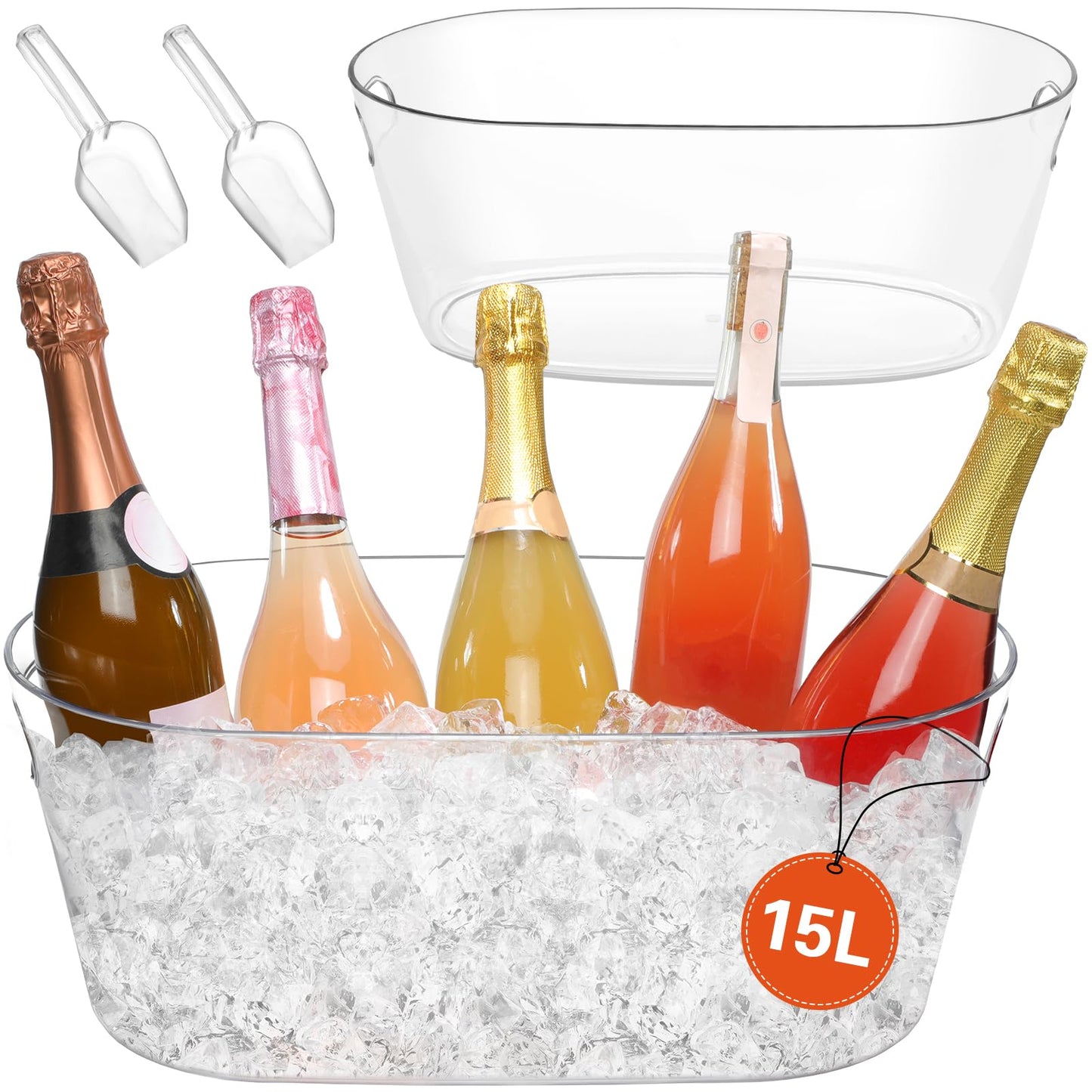 2 PCS Ice Buckets for Parties, 15L Large Ice Bucket, 4 Gallon Clear Acrylic Champagne Wine Buckets with 2 Scoops, Beverage Tub Mimosa Bar Supplies for Champagne, Beer, Cocktail