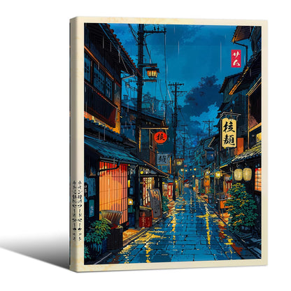 Japanese Tokyo Tea House Framed Canvas Wall Art Japanese City Street Cafe Scene Picture Print Modern Ukiyo-e Decor Poster for Japanese Home Bedroom Decorations Artwork12x16in