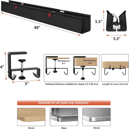 Univivi No Drill Under Desk Cable Management Tray, 48" Cord Organizer for Table, Clamp/Screw Mount Desk Cable Management, Premium Fabric Cable Management Tray for Office, Home (Extra Large)