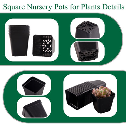 Tulpeed 100 Packs Square Nursery Pots for Plants 4 Inch Succulent Plant Pots Set Plastic Seedling Starting Pots with Drainage Holes Nursery Pots Variety Pack Flower pots Planter Seed Starter, Black
