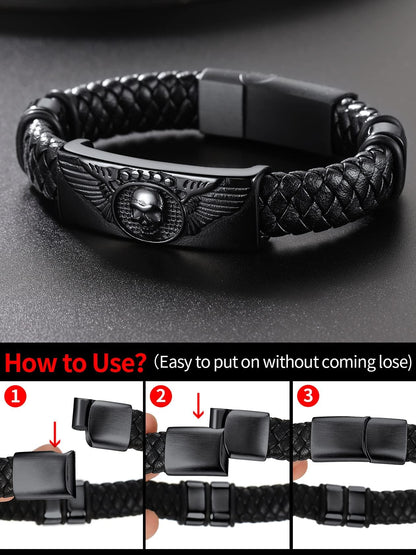 ChainsHouse Mens Braided Leather Black Bracelets Bangles, Wing Skull Bracelet for Dad Husband, 23cm