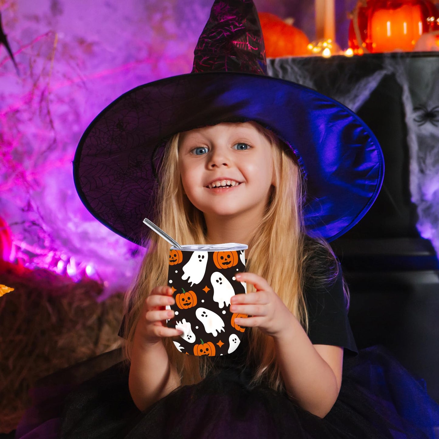 Whaline Halloween Stainless Steel Wine Tumbler with Straw and Lid Ghost Pumpkin Coffee Mug Black White Orange Insulated Tumbler for Hot and Cold Drinks