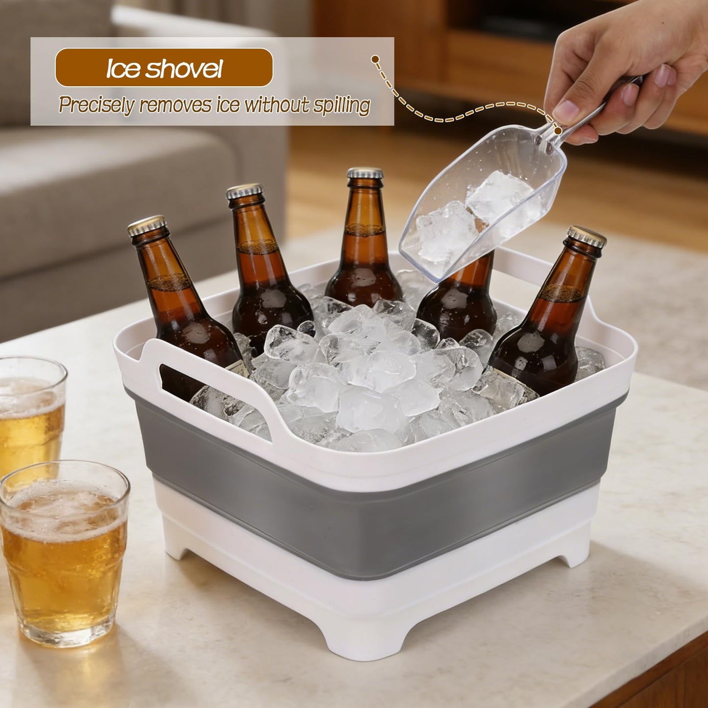 2 Pack Ice Buckets for Parties, Foldable Beverage Tub with Scoop, Collapsible Ice Bucket for Wine Beer Champagne, Beer Ice Buckets Drink Cooler, Space Saving Ice Storage Tub Ice Cube Bin (2 * 8.5L)