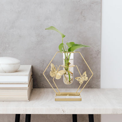 OSALADI Metal Framed Glass Plant Terrarium Vase with Butterfly Pattern, Hexagonal Decorative Flower Holder for Desktop Home Décor and Tabletop Display