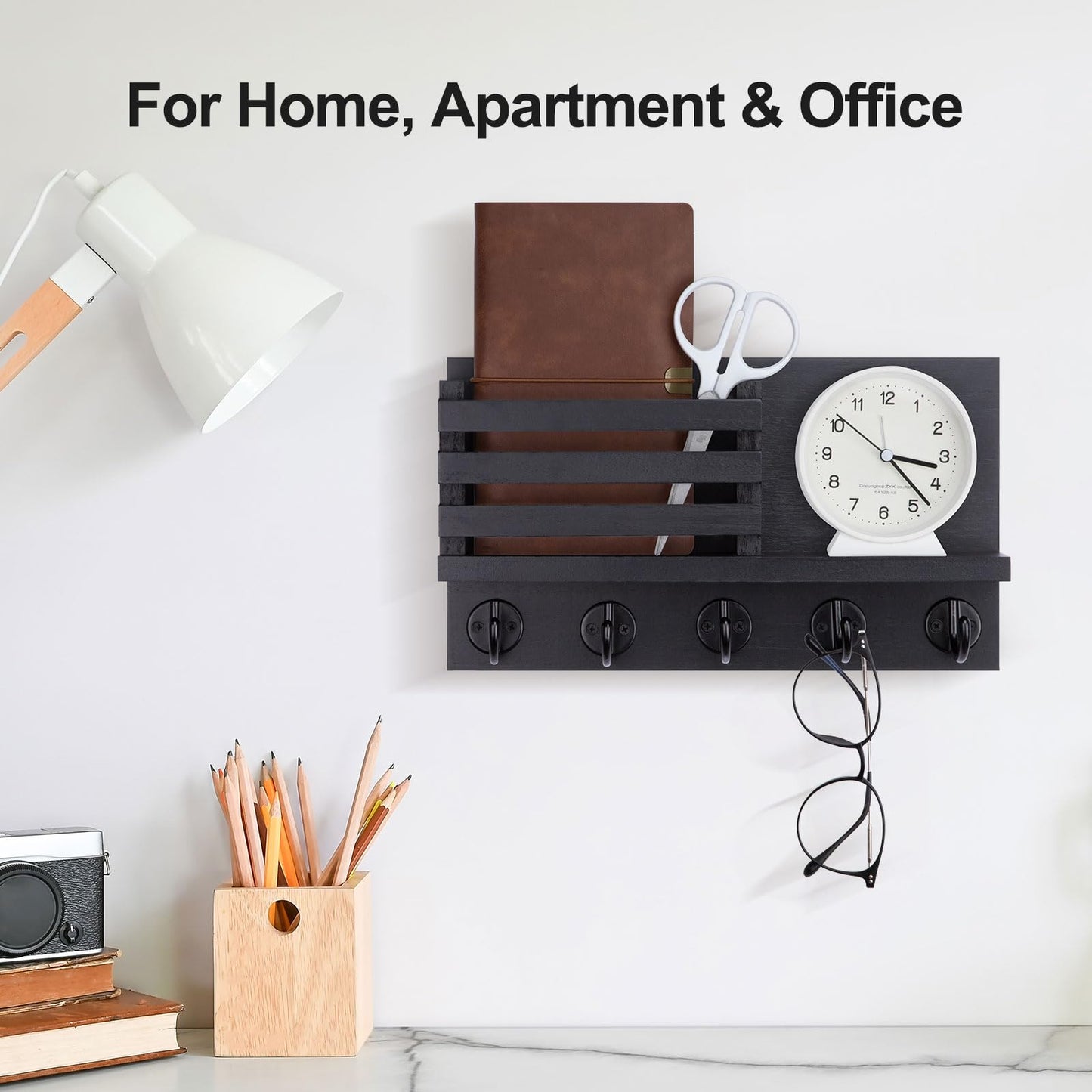 Lwenki Key Holder for Wall – Decorative Wooden Mail Holder and Key Shelf with Mounting Hardware, Installation Guide – Paulownia Wood with Metal Key Hooks (Black, Large - 11.8inch)