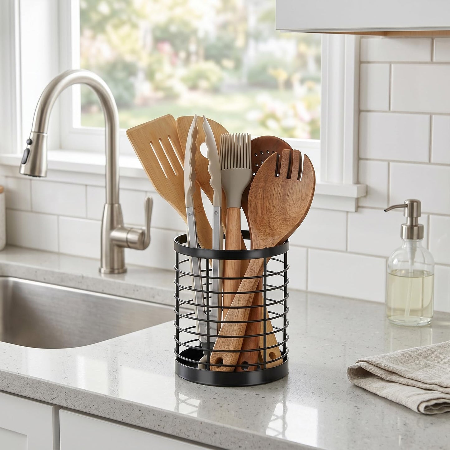IWNTWY Utensil Holder for Kitchen Counter, Stainless Steel Utensil Crock for Cooking Tools, Spatula, Silverware Forks, Knives, Spoons Countertop Organizer