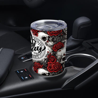 Equoza Skull and Rose 20oz Stainless Steel Tumbler with Lid, Halloween Gothic Finger Skeleton Hand Cup, Double Wall Insulated Travel Coffee Mug, Funny Dark Gift for Men and Women