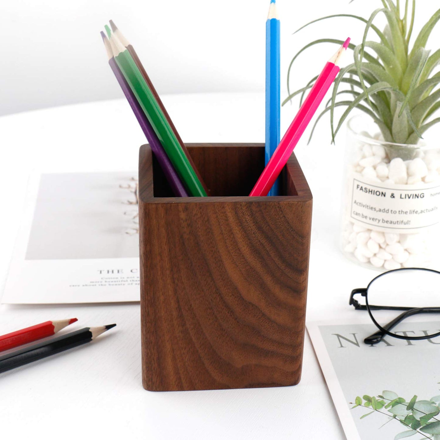 YOYAI Walnut Pencil Holder Wood Pen Holder For Desk Pen Cup Organizer Ofiice Pencil Stand Simple(Black walnut)