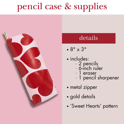 kate spade new york Pen and Pencil Case with Office Supplies, Zip Pouch Includes 2 Pencils, Sharpener, Eraser, and Ruler, Sweet Hearts