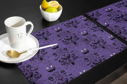 Placemats for Dining Table Set of 6, Halloween Haunted Mansion Design Table Mats Stain Resistant Heat Insulation Non-Slip Washable Table Decoration for Kitchen, Purple Black