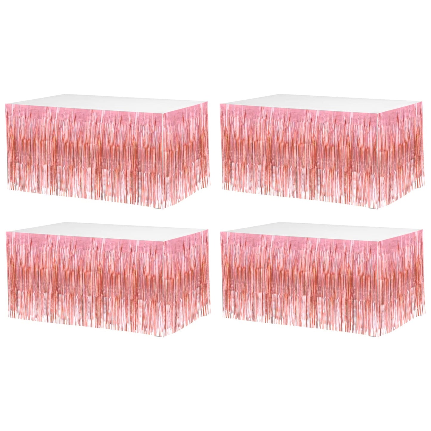 4 Pack 29x108 Inch Metallic Foil Fringe Tinsel Table Skirts for Rectangle Tables Streamer Backdrop for Wedding, Birthday, Parade Floats, Christmas, Halloween Party Decoration(New Rose Gold)