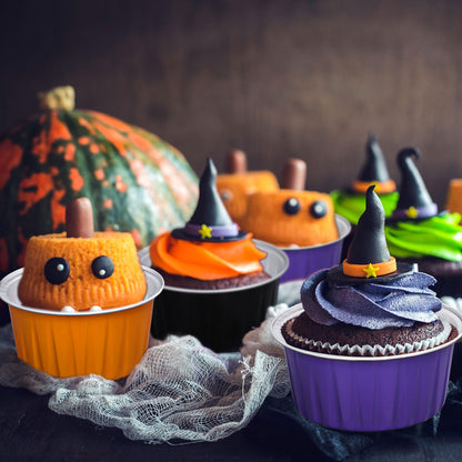 JarThenaAMCS 60Pcs Halloween Baking Cups with Lids Aluminum Foil Cupcake Holders Black Purple Orange Muffin Liners Wrappers Mini Cake Pans Ramekins Cups Dessert Containers for Party Supplies