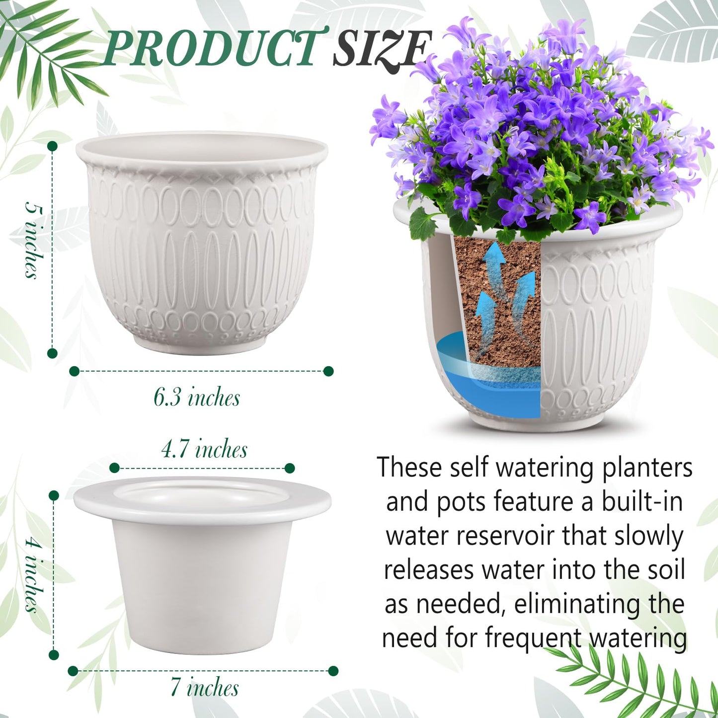 Romooa 1 Set African Violet Pots Self Watering, 7 Inch White Ceramic Dolomite Clay, Easy Effortless Planter Pot for Indoor Plants Herbs Flowers Orchids Succulent, Ideal Gifts, Plant Not Included