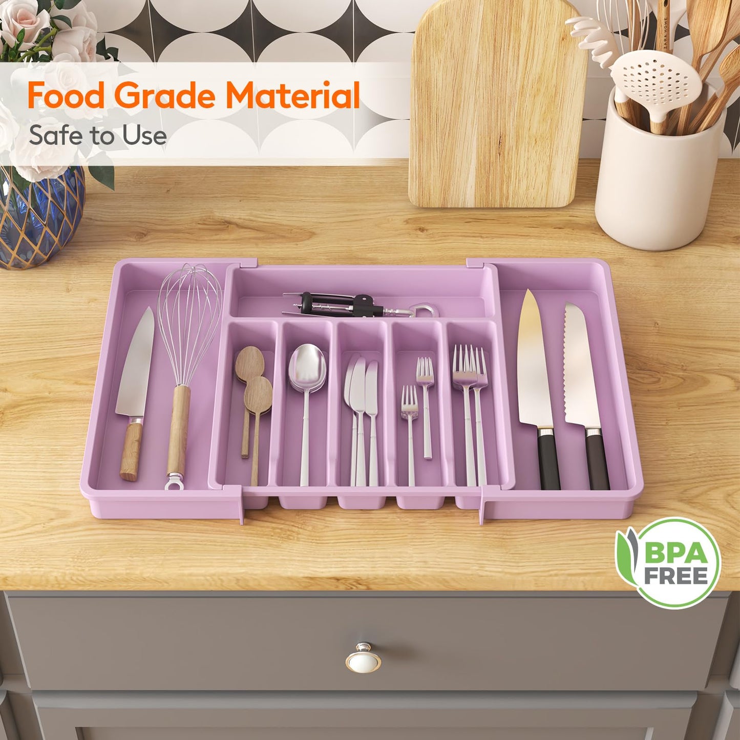 Lifewit Silverware Drawer Organizer, Expandable Utensil Tray for Kitchen, BPA Free Flatware and Cutlery Holder, Adjustable Plastic Storage for Spoons Forks Knives, 13-22 x 15", Purple