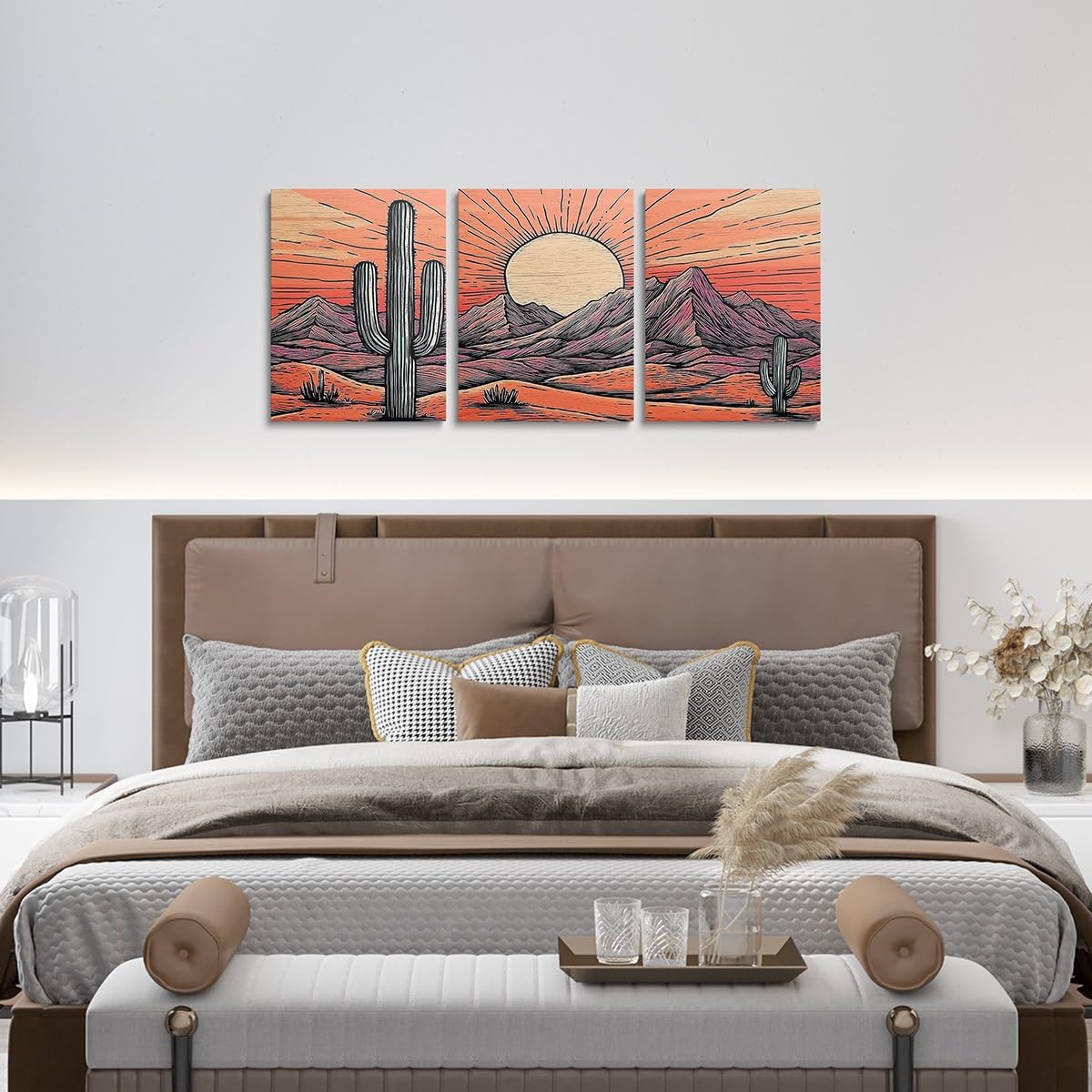 jejeloiu Cactus Canvas Wall Art for Living Room Bedroom 12"x16"x3pcs Boho Succulent Picture Wall Decor for Bathroom Western Mountain Sun Office Decorations Artwork Posters Nature Landscape Painting
