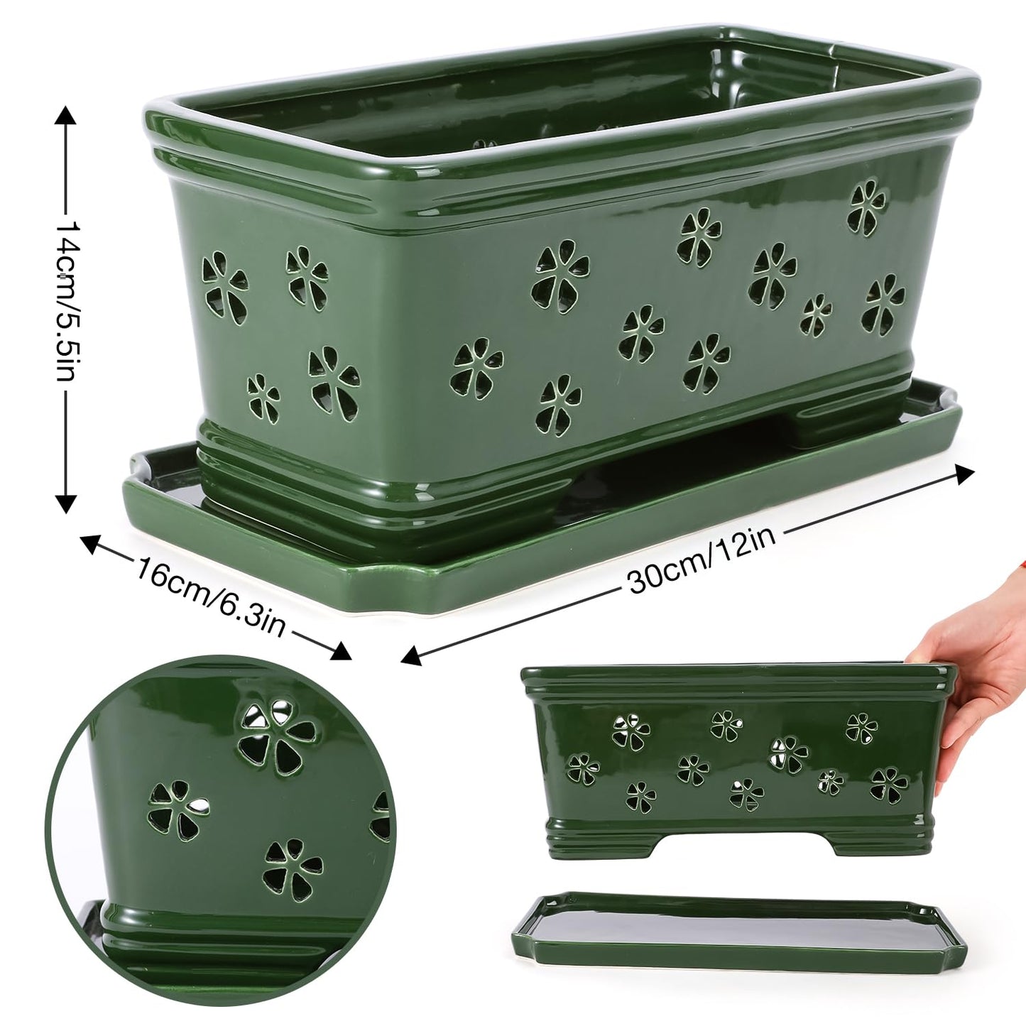 EXQUAILTY Orchid Pot with Holes12 Inch Ceramic Plant Pots with Drainage Holes and Tray, Promoting Air Circulation and Drainage, Indoor/Outdoor Green Flower Pots