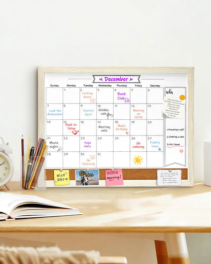 Dry Erase Calendar Whiteboard for Wall, Small Combination Magnetic Dry Erase White Board & Bulletin Board, 13" x 17"，White Frame Calendar/Cork Combo Board(WH-3343)