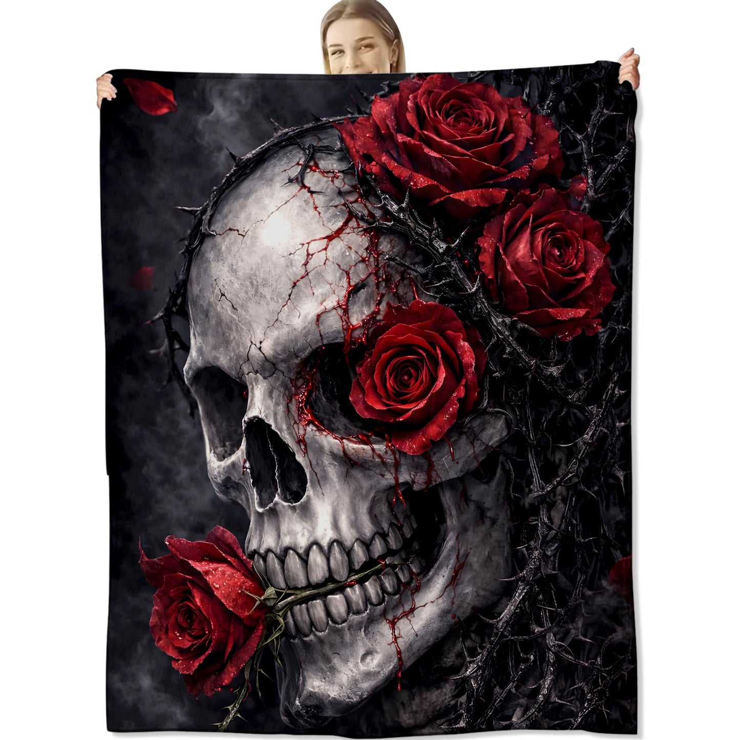 cromcu Gothic Skull Rose Flannel Throw Blanket, 50x60in, Soft Warm Cozy Blankets with Skull and Red Rose, Gothic Gifts for Women Skeleton Lovers, Halloween Home Decor Dorm Office Travel Camping