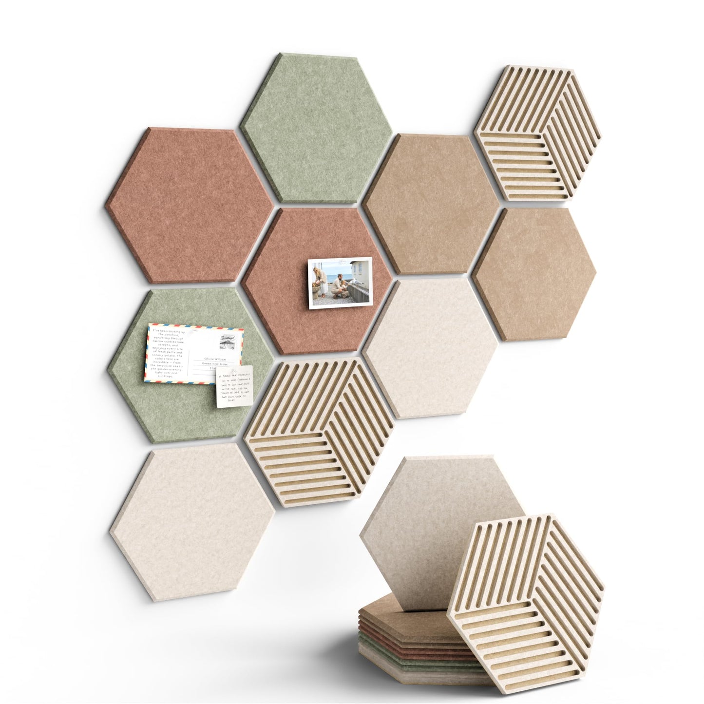 Fluxynara Hexagon Cork Board Alternative for Walls Decor-10-Pack Felt Bulletin Board Tiles,with 30 Pushpins,50 Adhesive Tabs for Office,Classrooms & Home Pin Board Felt Board-Boho