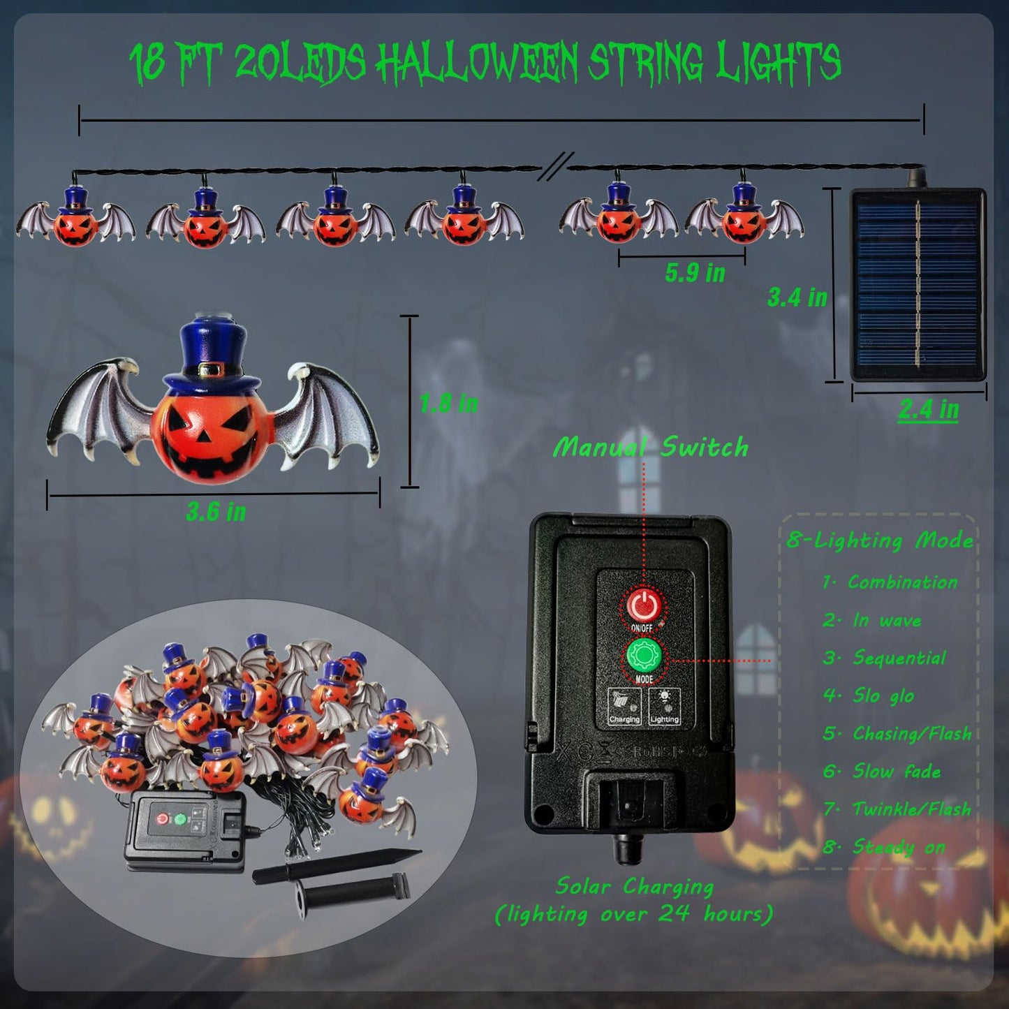 Solar Garden Lights for Halloween Decorations Outdoor,20LED 18Ft 3D Scary Devil Pumpkin Bat Solar String Lights, Unique Solar Lights Outside for Home Yard Garden Party Halloween Decor(Red Green White)