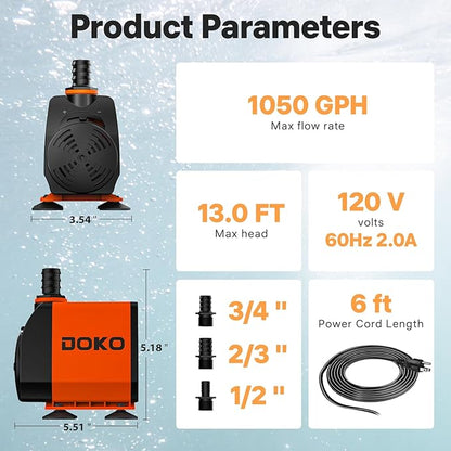 DOKO 1050GPH Submersible Water Pump, 100W Ultra Quiet Fountain Water Pump with 13ft Head Lift, 6FT Power Cord & 3 Nozzles - for Ponds, Aquariums, Waterfalls, Fish Tanks & Hydroponics