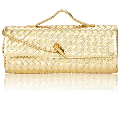EGCUQ PU Leather Woven Gold Purse,Wedding Clutch,Woven Gold Clutch Purses For Women 11.8" x 1.7" x 4.9"