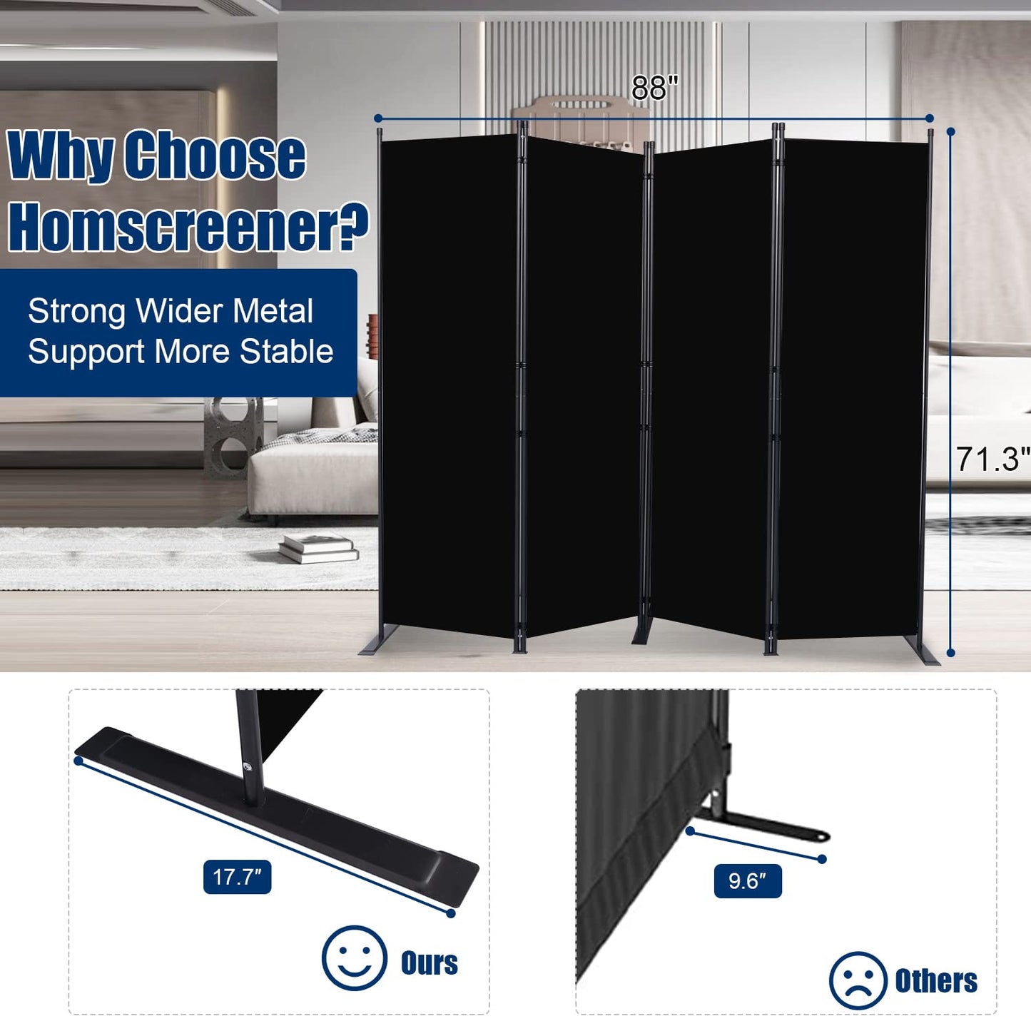 Room Divider 6FT Portable Room Dividers and Folding Privacy Screens, Fabric Divider for Room Separation, Partition Room Dividers Freestanding Wall Divider Screen Studio (Black, 4 Panel-88'')