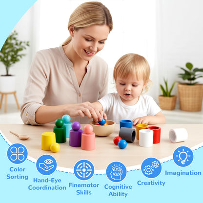 ASFHJP 10 PCS Rainbow Balls in Cups, Mini Wood Classification Cup Game, Rainbow Sorting Balls with Spoon and Tongs, Preschool Learning Educational Montessori Matching Games for 3+ Year Old