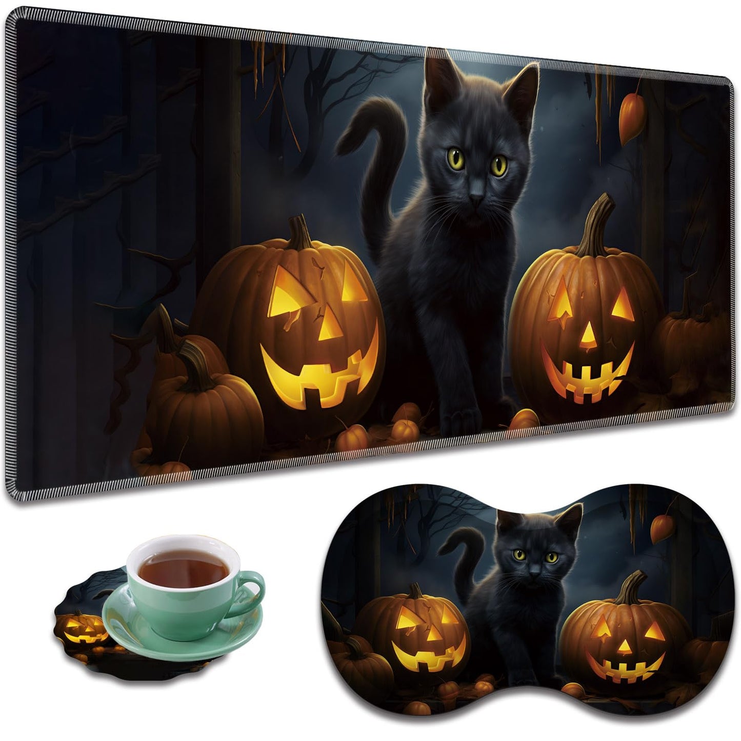 Large Gaming Mouse Pad + Mouse Wrist Rest Pad + Coaster Combination, 31.5 "x 11.8" Durable Non-Slip Extension Table Mat, Suitable for Office and Home, Halloween Black Cat